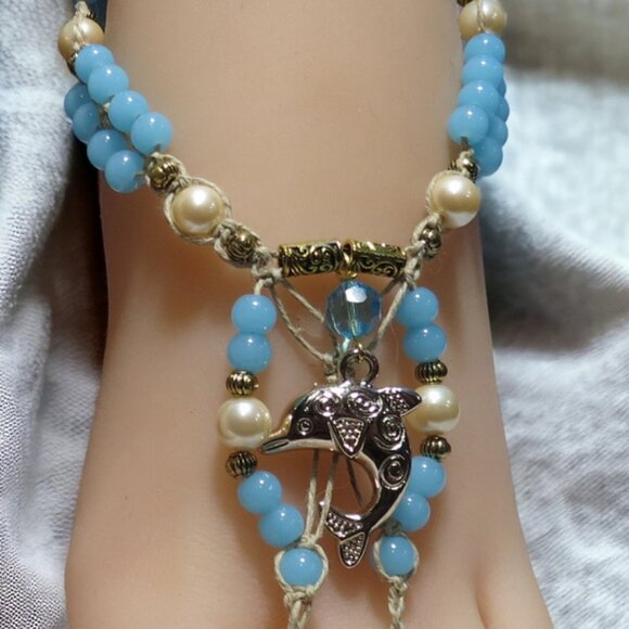 NEW Dolphins & Blue Gemstone Barefoot Sandals. Belly dance foot jewelry. - Picture 2 of 5